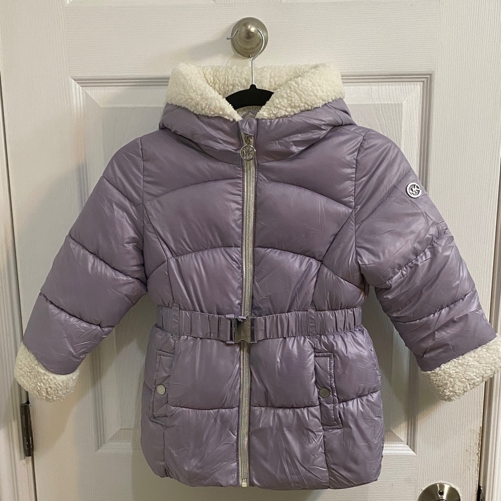 Michael Michael Kors Purple Sherpa Puffer Jacket Belt Pockets Girls Size 5 6